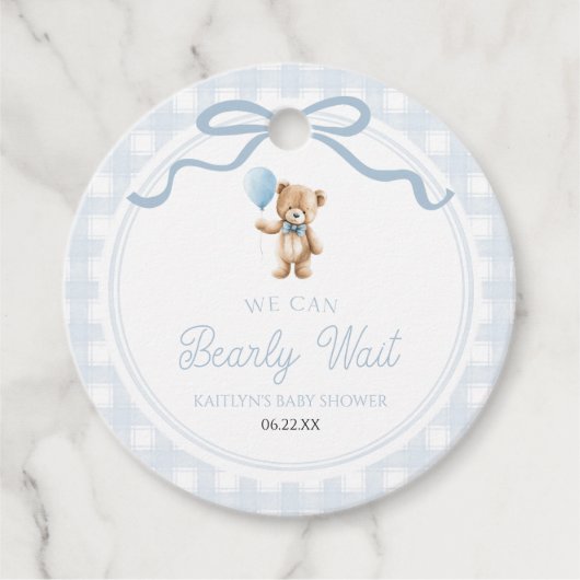 We Can Bearly Wait Blue Teddy Bear Baby Shower フェイバータグ (正面)