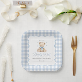 We Can Bearly Wait Blue Teddy Bear Baby Shower ペーパープレート