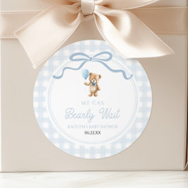 We Can Bearly Wait Blue Teddy Bear Baby Shower ラウンドシール