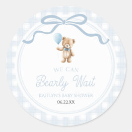 We Can Bearly Wait Blue Teddy Bear Baby Shower ラウンドシール