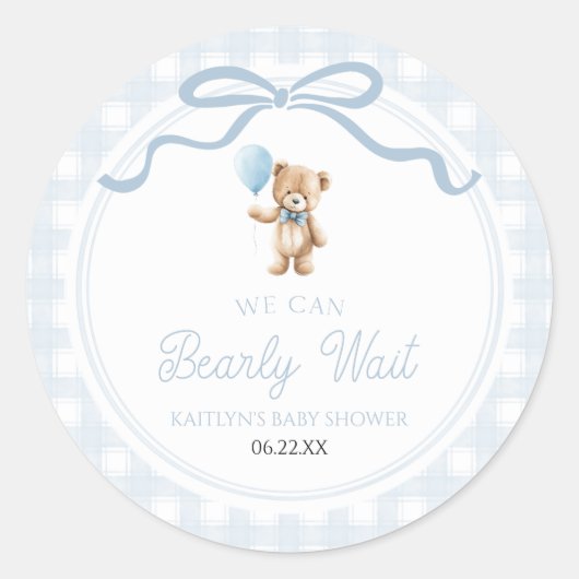We Can Bearly Wait Blue Teddy Bear Baby Shower ラウンドシール (正面)
