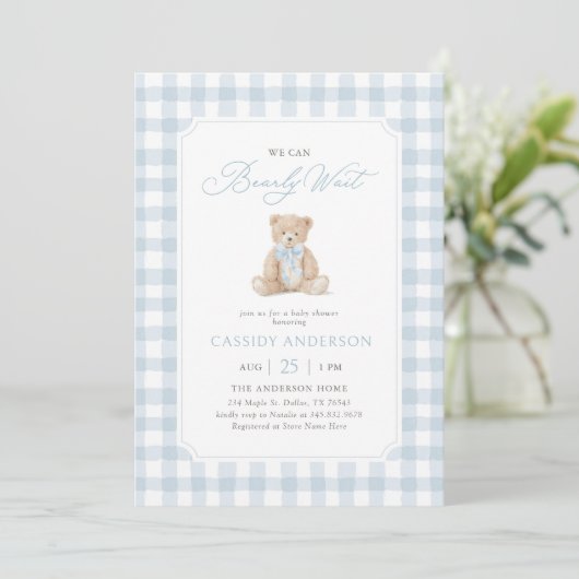 We Can Bearly Wait Blue Teddy Bear Baby Shower 招待状 (スタンド正面)