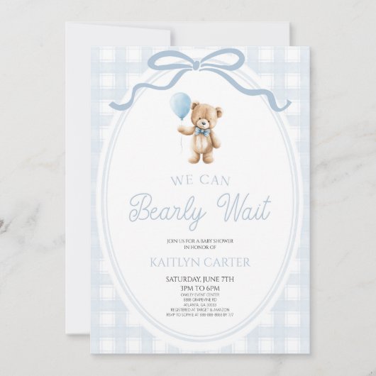 We Can Bearly Wait Blue Teddy Bear Baby Shower 招待状 (正面)