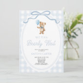 We Can Bearly Wait Blue Teddy Bear Baby Shower 招待状 (スタンド正面)