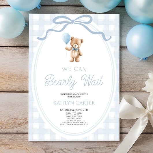 We Can Bearly Wait Blue Teddy Bear Baby Shower 招待状