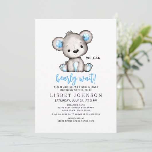 We Can Bearly Wait Blue Teddy Bear Baby Shower 招待状 (スタンド正面)