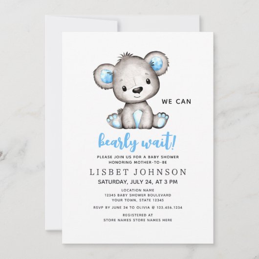 We Can Bearly Wait Blue Teddy Bear Baby Shower 招待状 (正面)