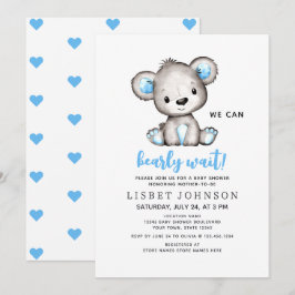 We Can Bearly Wait Blue Teddy Bear Baby Shower 招待状