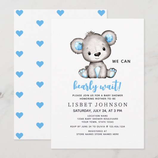 We Can Bearly Wait Blue Teddy Bear Baby Shower 招待状 (正面/裏面)