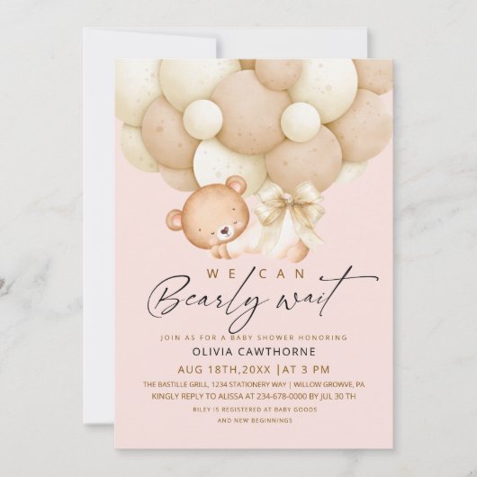 We can Bearly Wait Blush Pink Baby Shower 招待状 (正面)