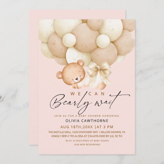 We can Bearly Wait Blush Pink Baby Shower 招待状 (正面/裏面)