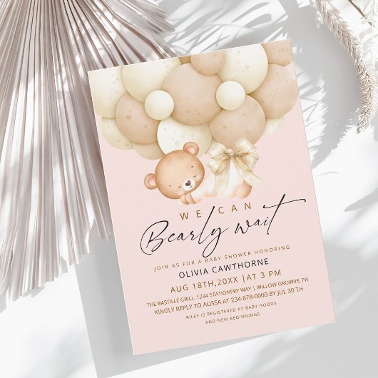 We can Bearly Wait Blush Pink Baby Shower 招待状