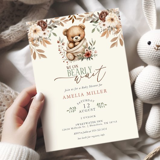 We Can Bearly Wait Boho Floral Baby Shower 招待状
