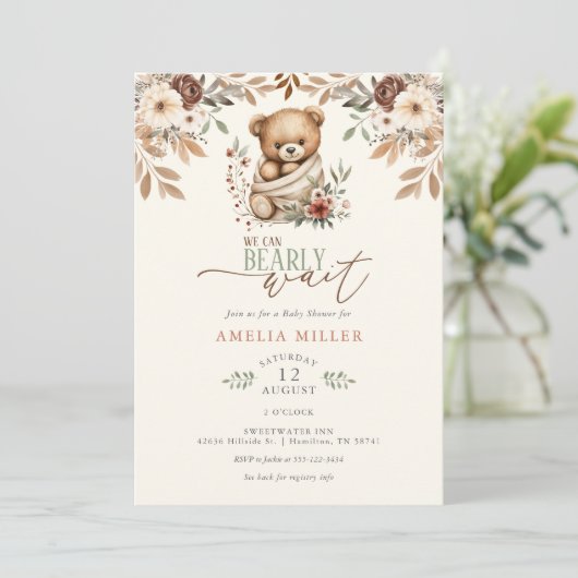We Can Bearly Wait Boho Floral Baby Shower 招待状 (スタンド正面)