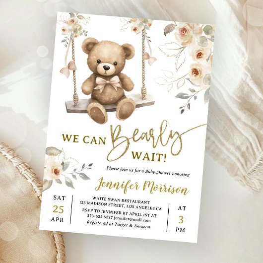 We Can Bearly Wait Boho Teddy Bear Baby Shower 招待状
