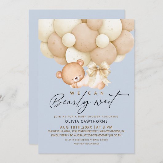 We can Bearly Wait Boy Baby Shower 招待状 (正面/裏面)