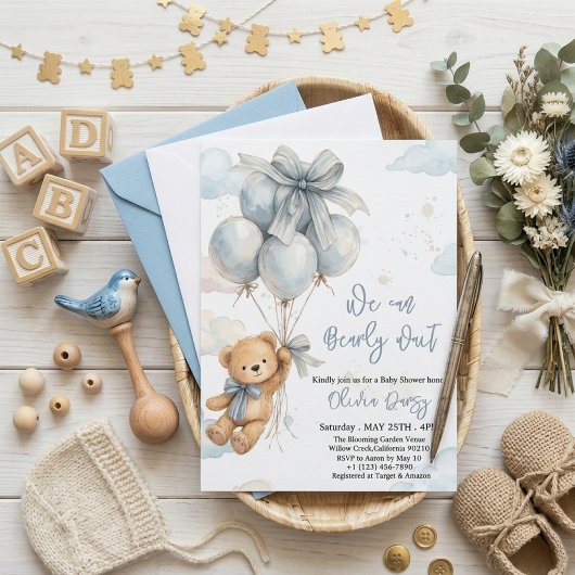 We Can Bearly Wait Boy Baby Shower Invitation 招待状
