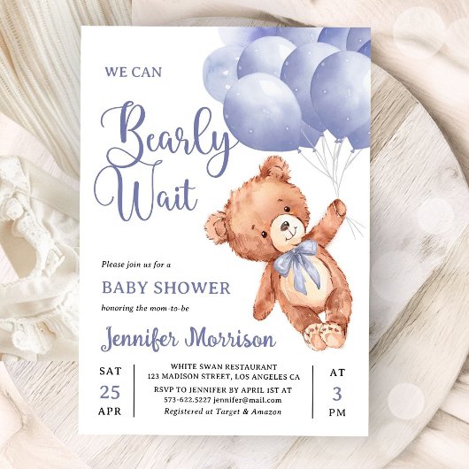 We Can Bearly Wait Boy Blue Teddy Bear Baby Shower 招待状