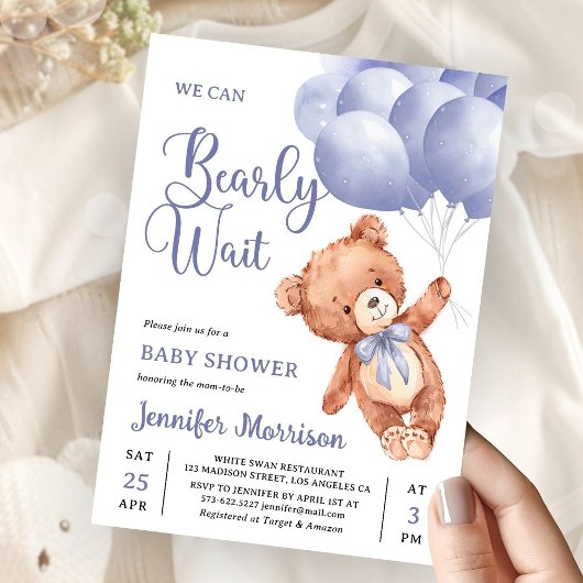 We Can Bearly Wait Boy Blue Teddy Bear Baby Shower 招待状
