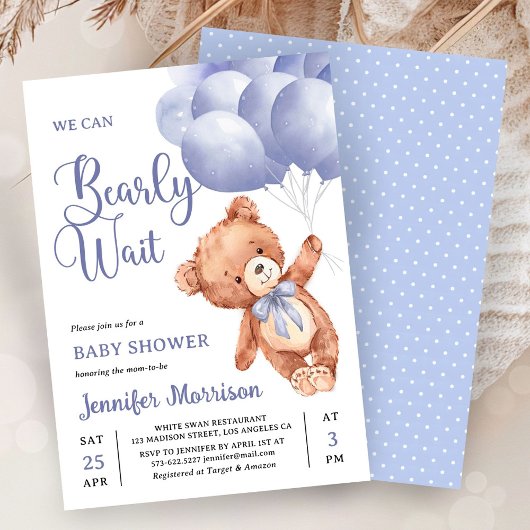 We Can Bearly Wait Boy Blue Teddy Bear Baby Shower 招待状