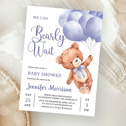 We Can Bearly Wait Boy Blue Teddy Bear Baby Shower 招待状