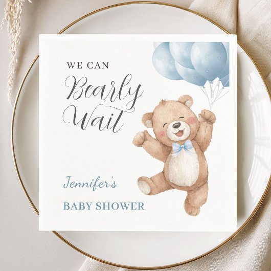 We Can Bearly Wait Boy Teddy Bear Baby Shower スタンダードカクテルナプキン