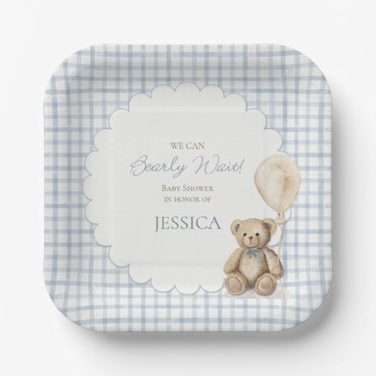 We Can Bearly Wait Boy Teddy Bear Baby Shower ペーパープレート (正面)