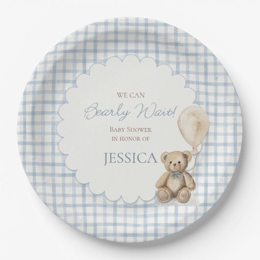 We Can Bearly Wait Boy Teddy Bear Baby Shower ペーパープレート (正面)