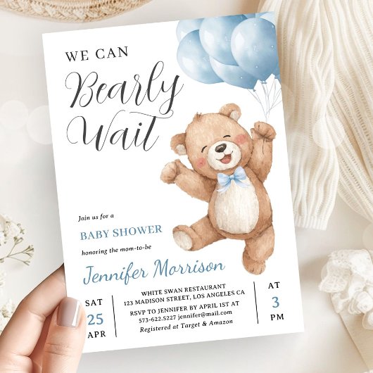 We Can Bearly Wait Boy Teddy Bear Baby Shower 招待状