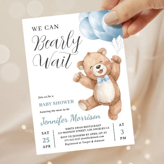 We Can Bearly Wait Boy Teddy Bear Baby Shower 招待状