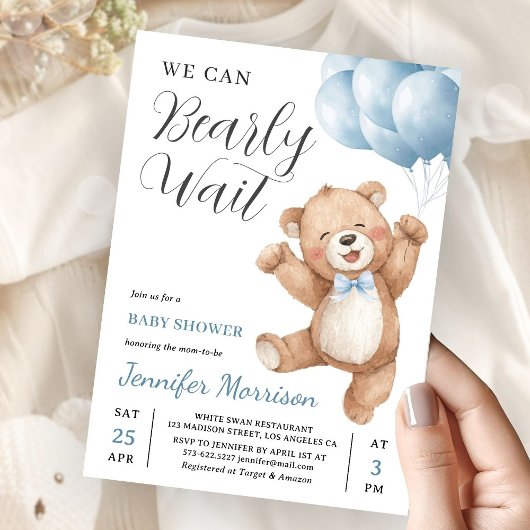 We Can Bearly Wait Boy Teddy Bear Baby Shower 招待状