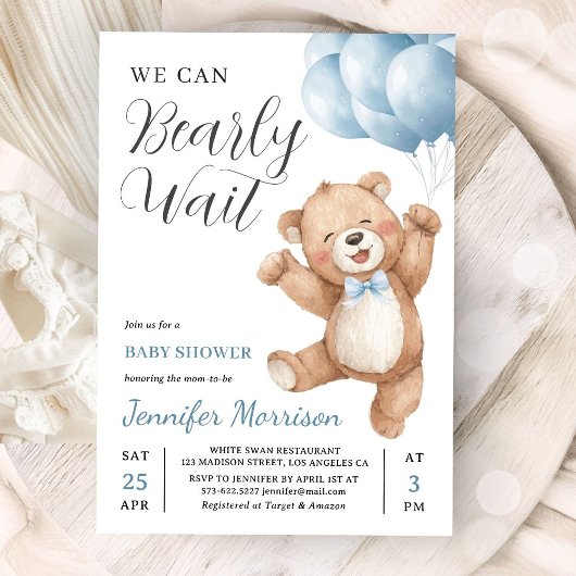 We Can Bearly Wait Boy Teddy Bear Baby Shower 招待状