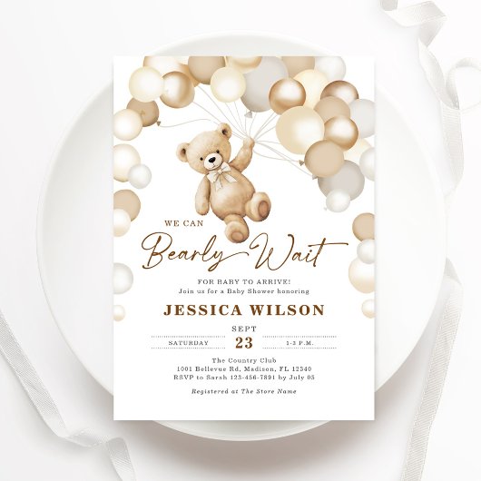 We Can Bearly Wait Brown Teddy Bear Baby Shower 招待状