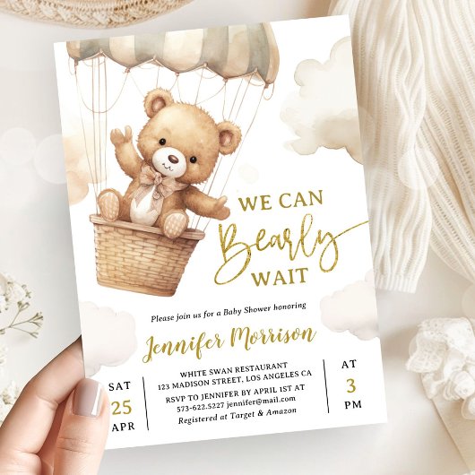 We Can Bearly Wait Brown Teddy Bear Baby Shower 招待状