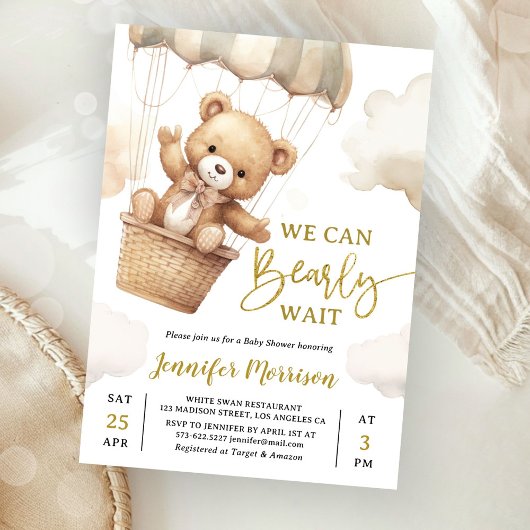 We Can Bearly Wait Brown Teddy Bear Baby Shower 招待状