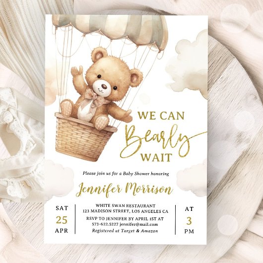 We Can Bearly Wait Brown Teddy Bear Baby Shower 招待状