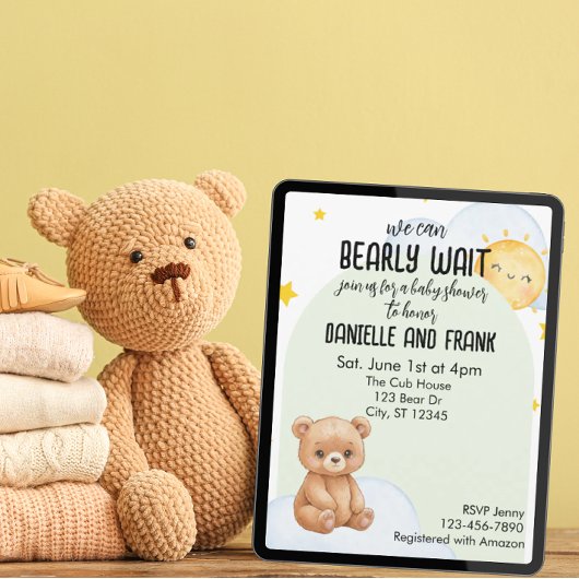 We Can Bearly Wait, cute bear baby shower 招待状