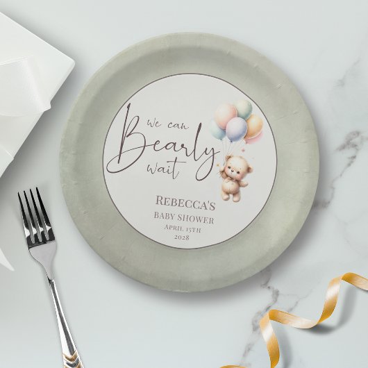 We can bearly wait cute bear balloon baby shower ペーパープレート