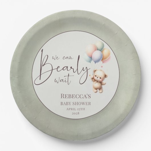 We can bearly wait cute bear balloon baby shower ペーパープレート (正面)