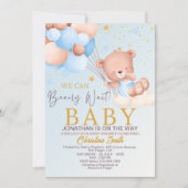 We Can Bearly Wait Cute Bear Boy Baby Shower 招待状 (正面)