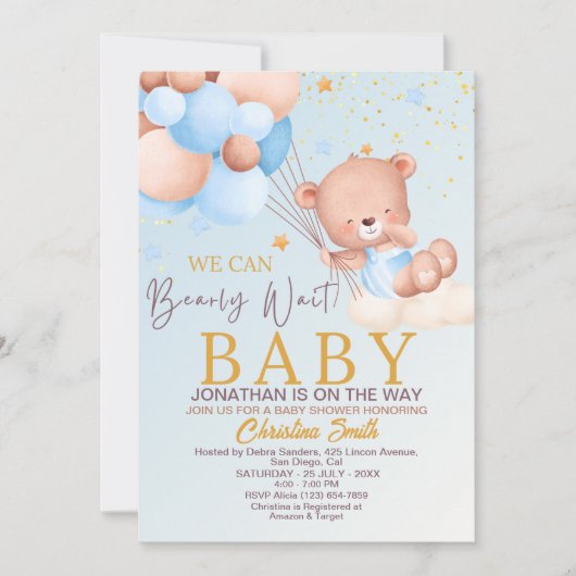 We Can Bearly Wait Cute Bear Boy Baby Shower 招待状 (正面)