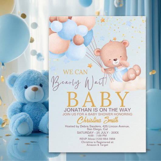 We Can Bearly Wait Cute Bear Boy Baby Shower 招待状