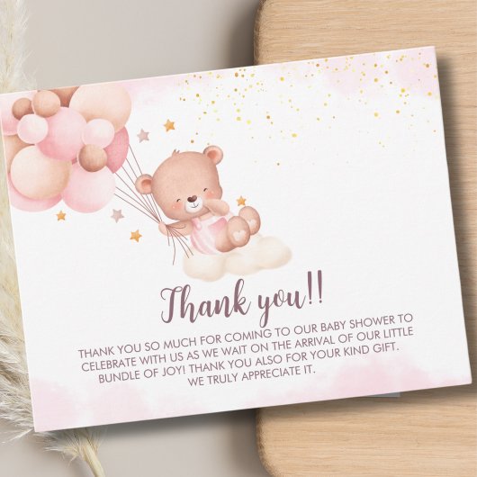 We Can Bearly Wait Cute Bear Girl Baby Shower サンキューカード