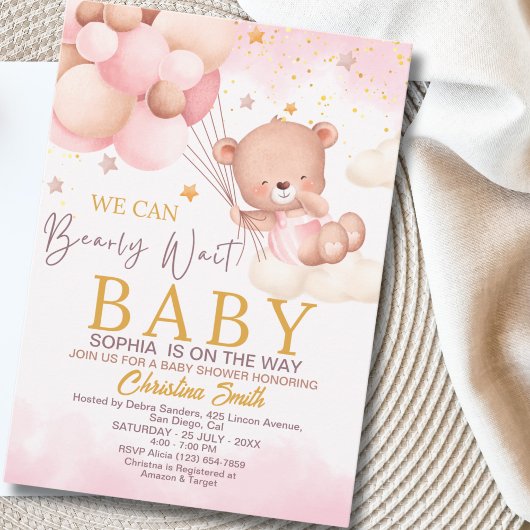 We Can Bearly Wait Cute Bear Girl Baby Shower 招待状