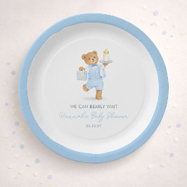 We Can Bearly Wait Cute Blue Boy Teddy Baby Shower ペーパープレート