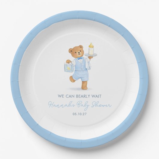 We Can Bearly Wait Cute Blue Boy Teddy Baby Shower ペーパープレート (正面)