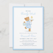 We Can Bearly Wait Cute Blue Boy Teddy Baby Shower 招待状 (正面)