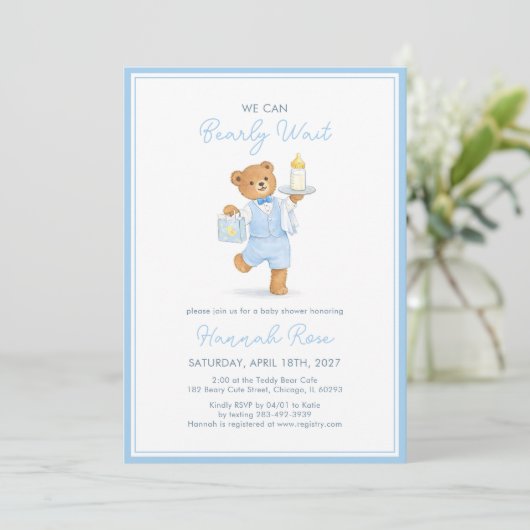 We Can Bearly Wait Cute Blue Boy Teddy Baby Shower 招待状 (スタンド正面)