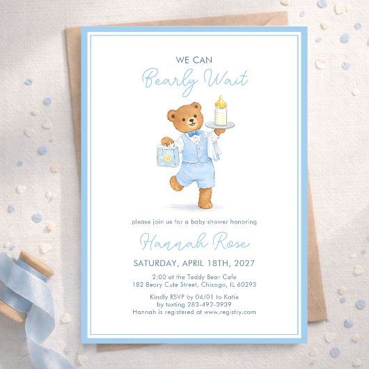 We Can Bearly Wait Cute Blue Boy Teddy Baby Shower 招待状