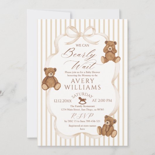 We Can Bearly Wait Elegant Baby Shower 招待状 (正面)